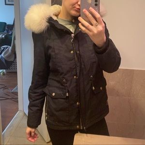 Topshop Basic Black Jacket Parka with Removable White Fur Hood